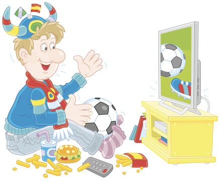 Soccer fan watching a football match on television, vector illustration in a cartoon style