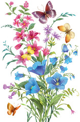 Bouquet of wild herbs and flowers with butterflies isolated on white