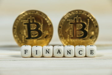 Conceptual cryptocurrency bitcoin with the word Finance