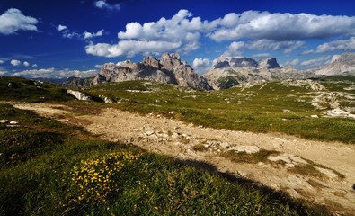 Afternoon walk, alpine cruise along the Sixtýn dolomites and beautiful rocky mountains in the background and yellow flowers in front