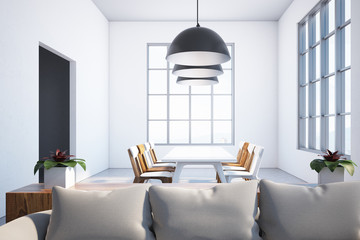 White dining room, white and wood chairs