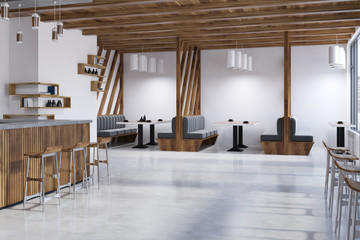 Interior of a white and wooden coffee shop