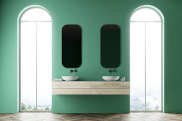 Double sink in a green wall bathroom interior