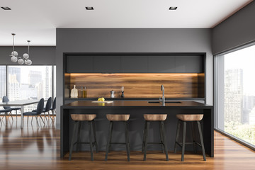 Gray and wood kitchen interior, bar