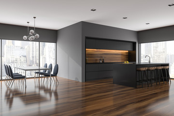 Gray dining room and kitchen corner, cityscape