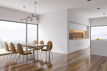 White dining room and kitchen corner, garden