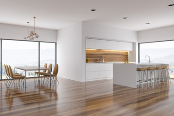 White dining room and kitchen corner, bar