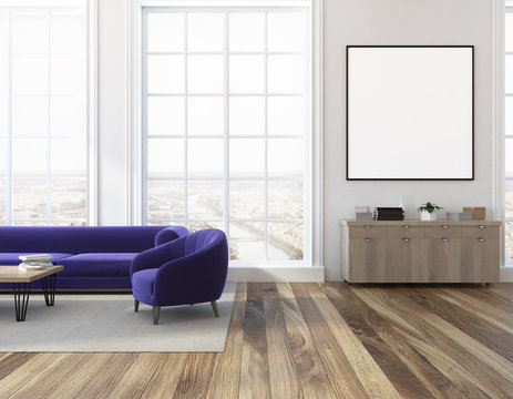 Loft living room purple sofa and armchair, poster