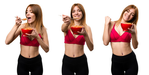 Set of Young sport woman eating cereals from a bowl