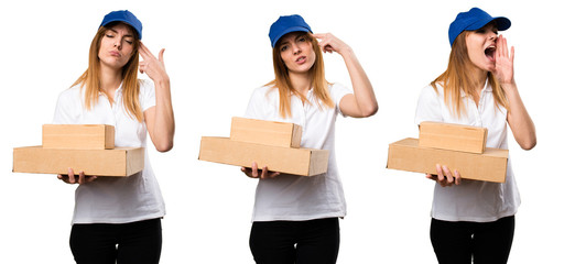 Set of Delivery woman making crazy gesture and shouting