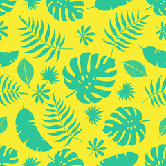 Fototapeta na wymiar Exotic seamless colorful bright pattern with green tropical jungle leaves silhouettes on yellow background. Floral modern pattern for textile, manufacturing etc. Vector illustration