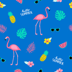 Obraz premium Summer seamless cute colorful pattern with flamingo, pineapple, tropical leaves, watermelon, flowers, sunglasses on blue background. Vector illustration