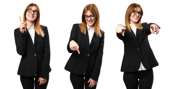 Set Of Young Business Woman Pointing Down, Up And Front