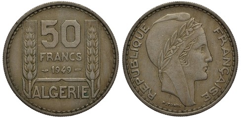 French Algeria coin 50 fifty francs 1949, wheat, country name below, woman in Phrygian cap, colonial time,