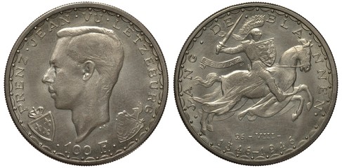 Luxembourg Luxembourgish silver coin 100 one hundred francs 1946, trial issue, prince Jean head left, two small shields below, knight with sword, shield and plume on horse,