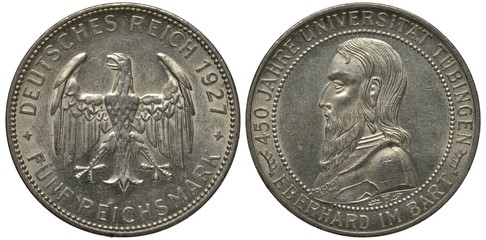 Germany German silver coin 5 five mark 1927, Weimar Republic, republican eagle, 450th Anniversary of Tubingen University, bust of Eberhard the Bearded,  