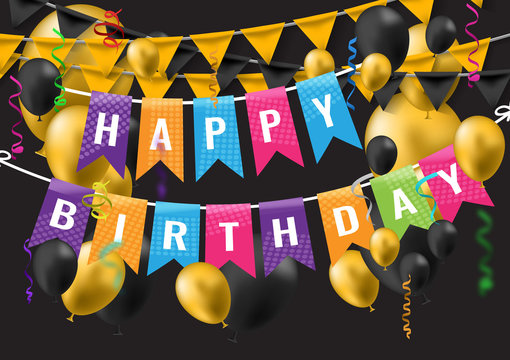 Happy Birthday Greeting Card with golden black balloons and happy birthday.