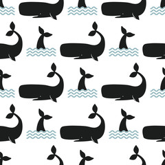 Vector whale illustration seamless pattern humpback ocean marine mammal wildlife aquatic animal character. © creativeteam