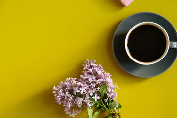 Minimalistic flatlay with flowers and coffee on colorful background with copy space. Female blogger concept