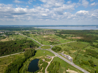 Fototapeta na wymiar drone image. aerial view of rural area with fields and road infrastructure