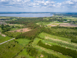 drone image. aerial view of rural area with fields and forests