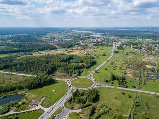 drone image. aerial view of transport roundabout on highway