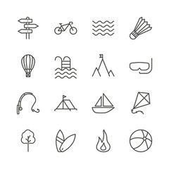 Fototapeta premium Summer set icon vector. Line recreation collection symbol isolated. Trendy flat outline travel ui sign design. Thin vacation graphic pictograms for web site, mobile app. Logo illustration. Eps10.