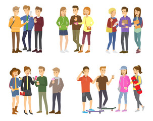 Fototapeta premium Youth group of teenagers vector grouped teens characters of girls or boys together and young student community friendship illustration set of youthful people isolated on white background