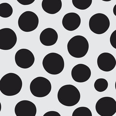 Seamless vector pattern of hand drawn polka dots, random spots in various sizes. Big and small dark circles in black and white. Stylish monochrome abstract background. Simple retro design elements. - obrazy, fototapety, plakaty