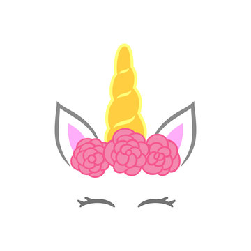 Cute unicorn face with beautiful flowers. Unicorn head. Vector