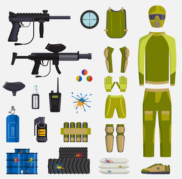 Paintball game vector guns and player body paintball club symbols icons protection uniform and active sport design elements shooting man costume equipment target illustration