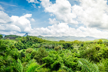 Fototapeta na wymiar Mountain scenery with tropical rain forest in the background and bamboo tents in the foreground during a sunny day at Ratchaprapha Dam at Khao Sok National Park, Surat Thani Province, Thailand