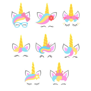 Collection of cute unicorn faces. Unicorn heads. Vector