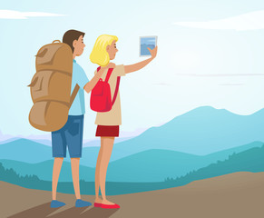 Couple of tourists hiking and discovering mountains. Colorful vector illustration.