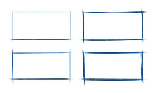 Set Of Hand Drawn Grunge Style Dark Blue Vintage Ball Pen Rectangle Doodle Scribbles On White Paper Background. Text Logo Or Icons Selection Abstract Blank Frame Concept Mark