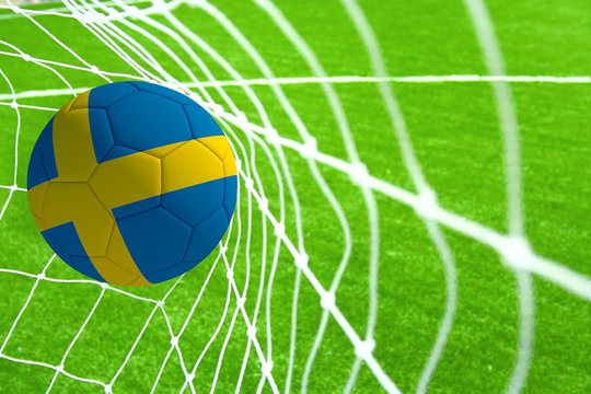 3d rendering of a soccer ball with the flag of Sweden in the net.