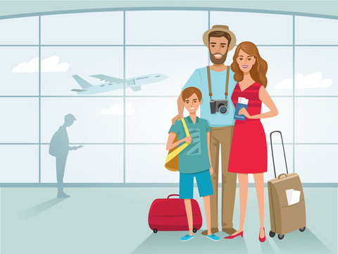 Tourist family in airport. Colorful vector illustration.