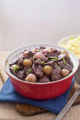 Beef & shallot casserole with potato puree