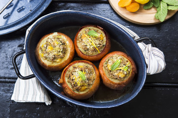 Moroccan stuffed onions with lamb, stuffing, dried apricots and mint