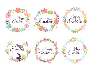 Happy easter hand drawn badge hand lettering greeting decoration natural wreath spring flower vector illustration