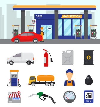 Gas station vector gasoline fuel or petrol and diesel for fueling cars illustration set of transportation refuel icons isolated on white background
