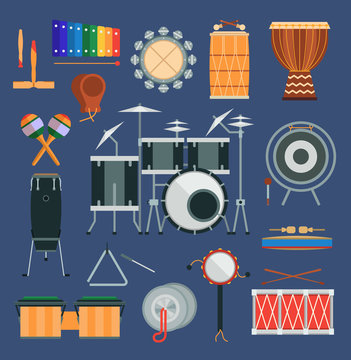 Vector drum percussion musical instruments flat style classical orchestral, rock-pop concert drums traditional national cartoon music instruments design elements