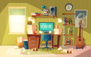 Vector cartoon empty home office in chaos - deadline concept, approaching finishing time. Interior with furniture and mess. Computer, books, garbage with papers for freelance. Freelancing workspace
