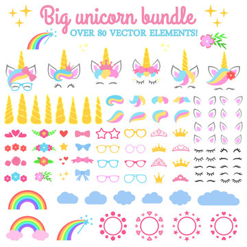 Vector collection - Big unicorn bundle. Create your own unicorn. Unicorn constructor - horhs, eyelashes, ears, hairstyles, flowers, crowns, glasses, bows.