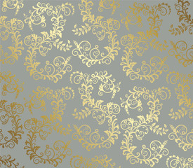 Gold seamless foliage pattern on grey background