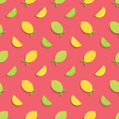 Seamless pattern with lemons and limes on a red background. Good for posters and websites.