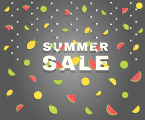 Summer sale banner with sliced fruit and garland.