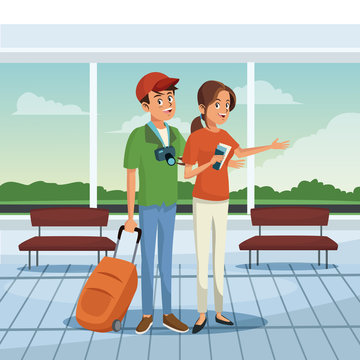 Young couple at airport with luggage and camera vector illustration graphic design