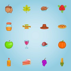 Thanksgiving day icons set. Cartoon illustration of 16 Thanksgiving day vector icons for web