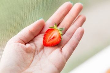strawberry on hand . red ripe strawberries. half a strawberry. red berry